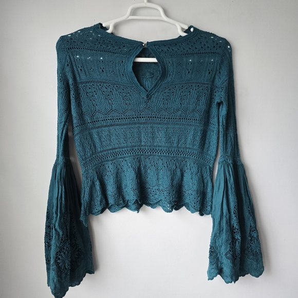 Free People Teal Lace Bell Sleeve Top XS - Picture 10 of 12